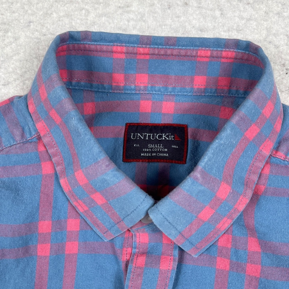UNTUCKit Shirt Mens Small Blue Pink Plaid Flannel Cotton Button Down Long Sleeve - Picture 4 of 11